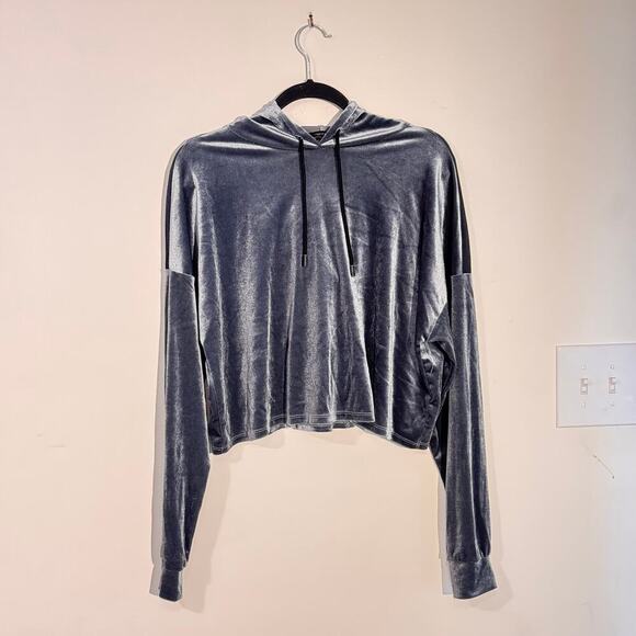 Forever 21 Gray Velvet Cropped Hoodie - Size S - Soft Luxe Pullover Sweatshirt - Picture 5 of 7